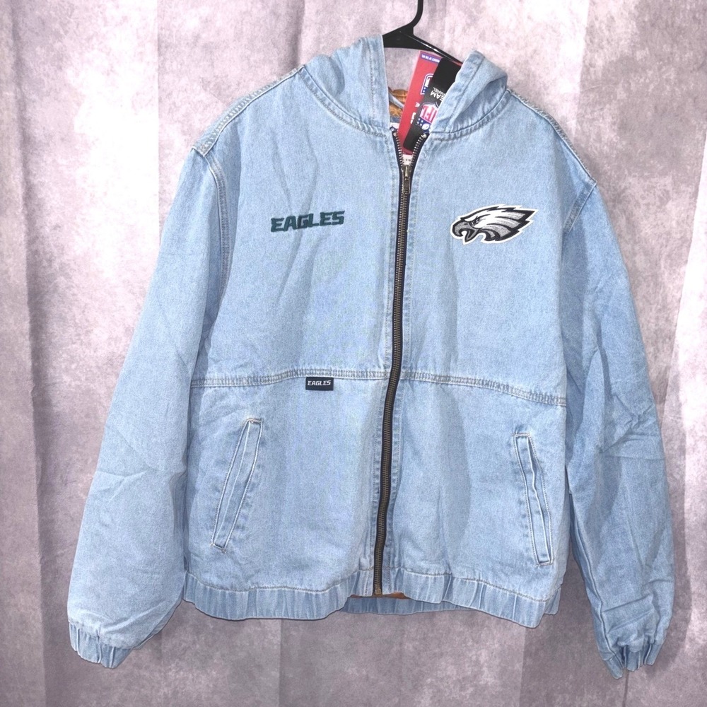 NWT NFL Philadelphia Eagles Blue Denim NFL Official Mens Large Heavy Hood Jacket